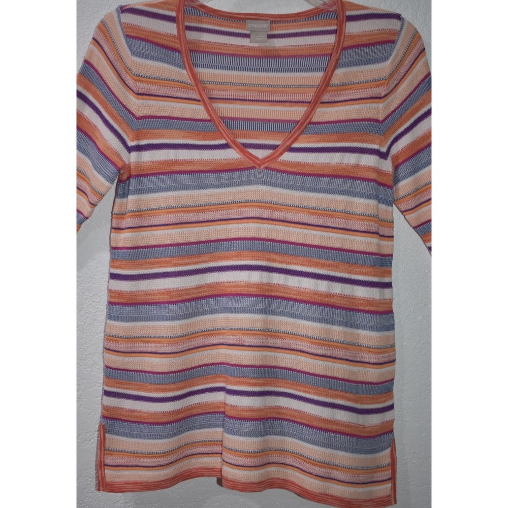 Chicos Linen Blend Top 1/Medium Colorful Stripes V-Neck 3/4 Sleeves Lightweight - Picture 9 of 16